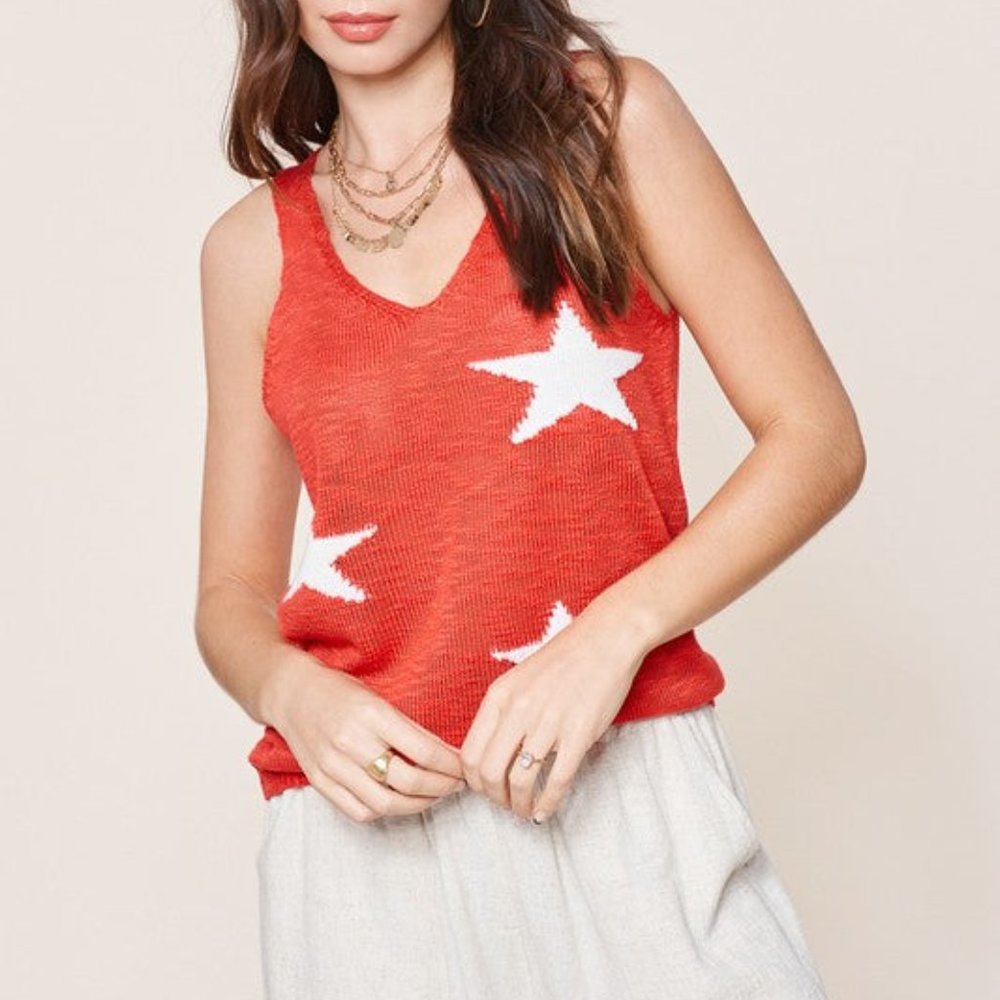 Red Knit Tank Top with White Stars Vici